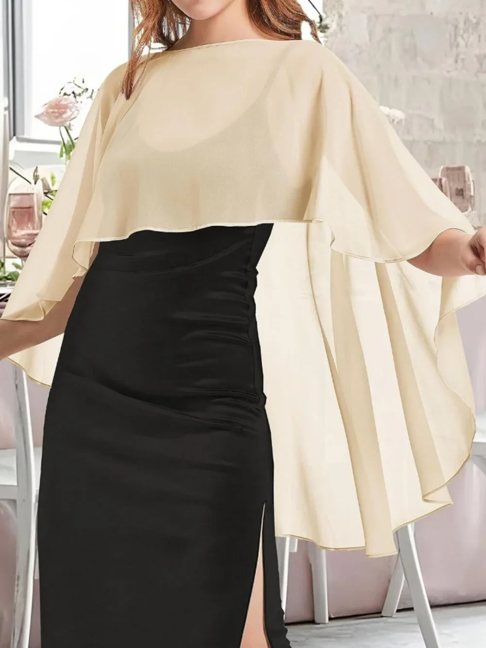 Elegant Sheer Chiffon Shawl Wrap for Evening Dress, Wedding Capelet, Lightweight